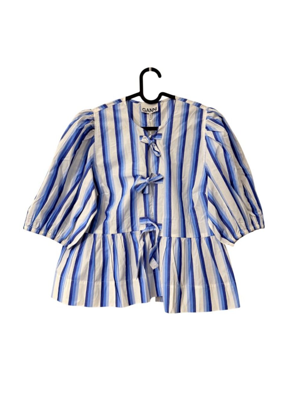 NEW GANNI Blue Striped Bow Tie Front Puff Sleeve Blouse Womens Size Small
